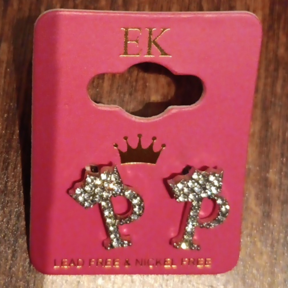 Women's Ek Earrings Letter P Crown (Cubic Zicornia) Diamonds NIP